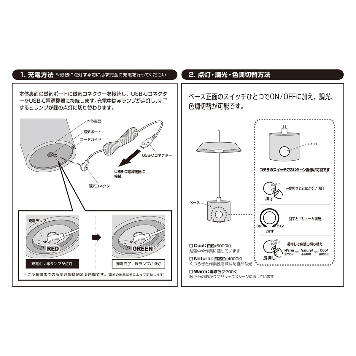 充電方法と点灯（調光、調色）方法